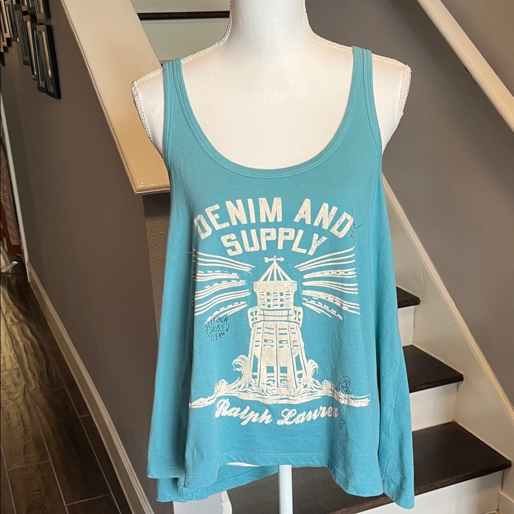 Denim & Supply Ralph Lauren Teal Tank Top with White Graphic of Lighthouse Sz. L